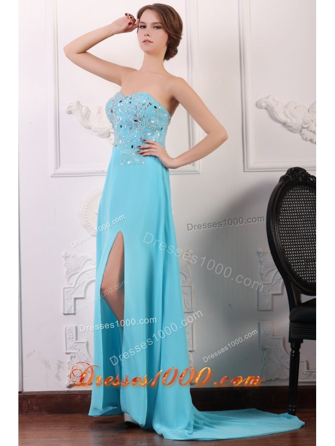 Sweetheart Aqua Blue Sequins Prom Dress with Chapel Train and Slit
