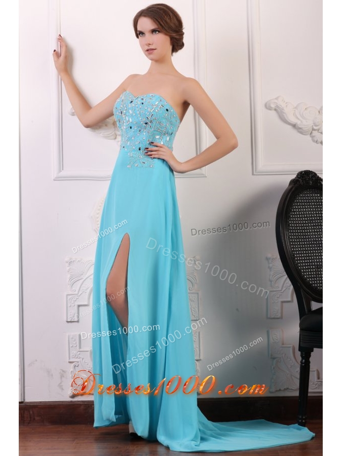 Sweetheart Aqua Blue Sequins Prom Dress with Chapel Train and Slit