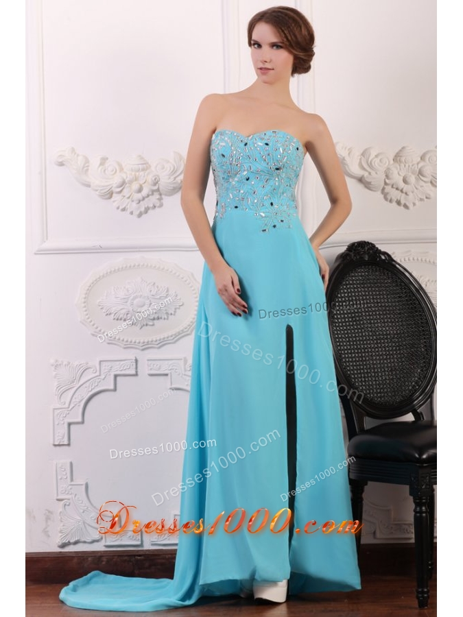 Sweetheart Aqua Blue Sequins Prom Dress with Chapel Train and Slit