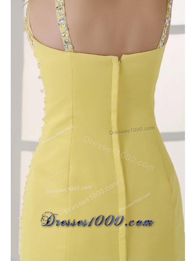 Yellow Straps Column Beading and High Silt Prom Dress with Sweep Train
