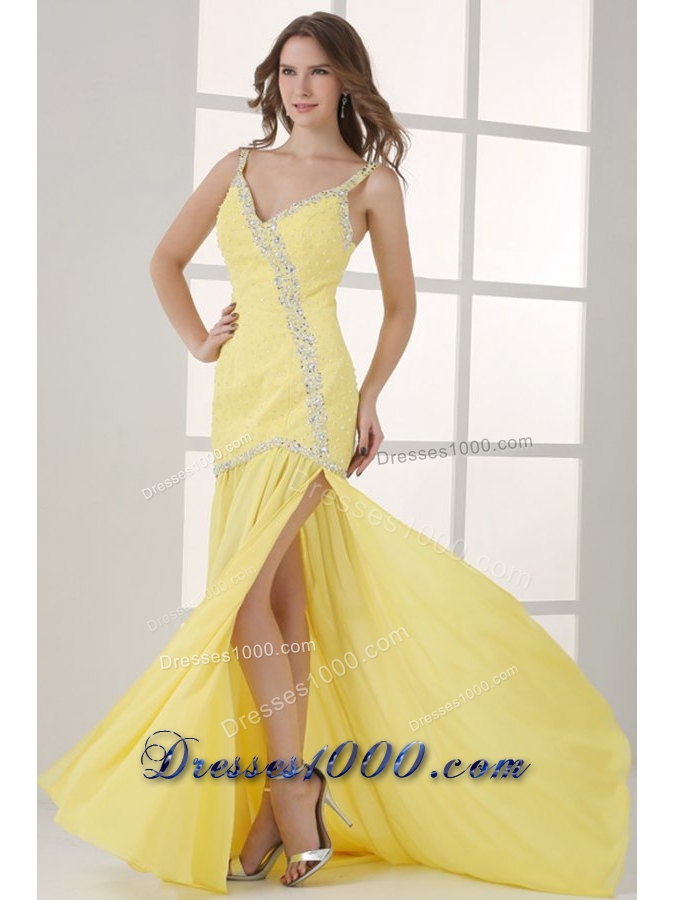 Yellow Straps Column Beading and High Silt Prom Dress with Sweep Train