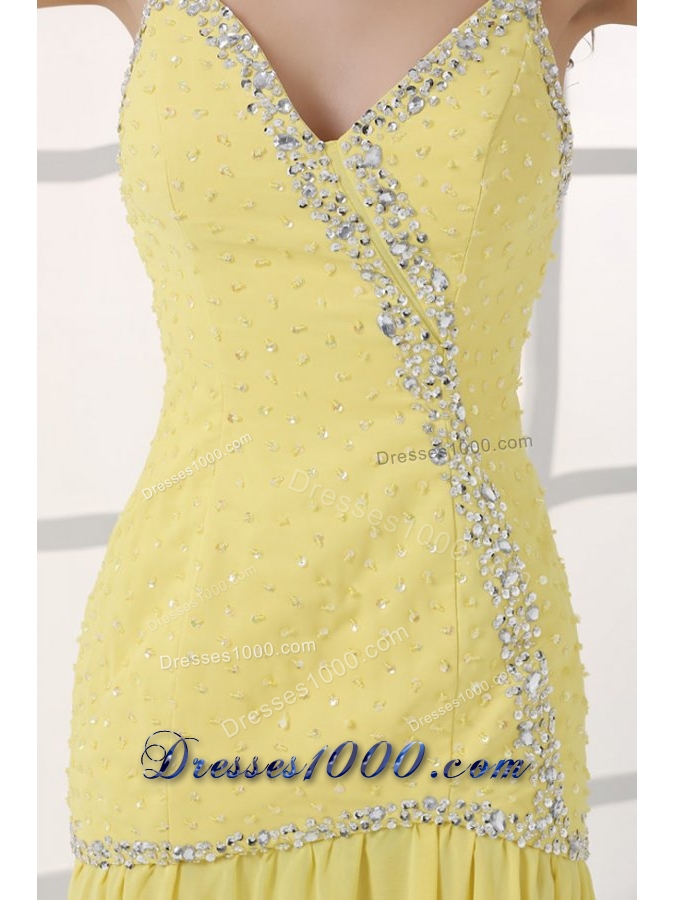 Yellow Straps Column Beading and High Silt Prom Dress with Sweep Train