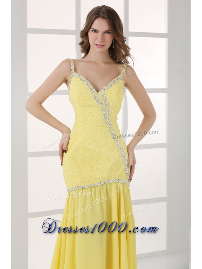 Yellow Straps Column Beading and High Silt Prom Dress with Sweep Train