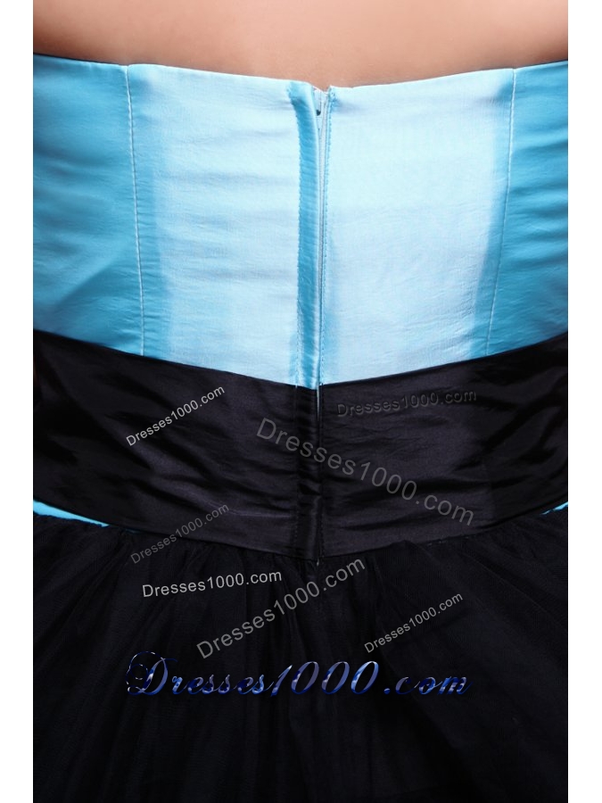 Blue and Black Strapless Senior Prom Dress with Ruches and Layers