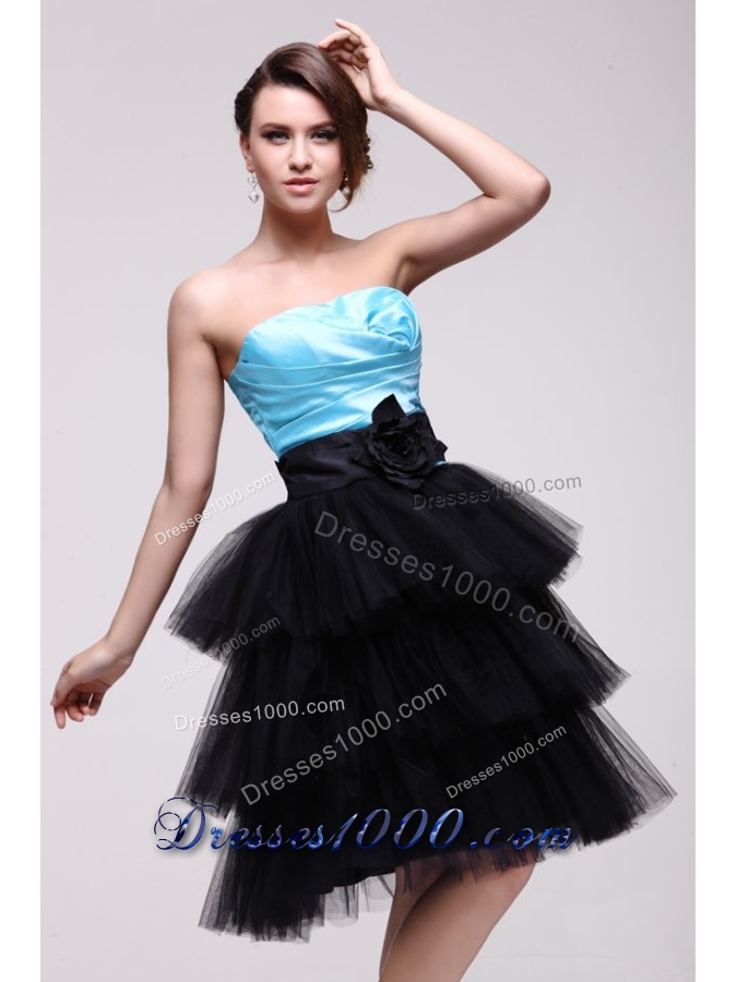 Blue and Black Strapless Senior Prom Dress with Ruches and Layers
