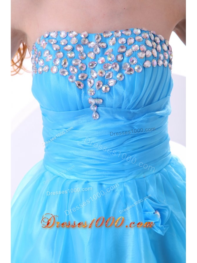 Aqua Blue Strapless Beading and Flowers Decorate Senior Prom Dress