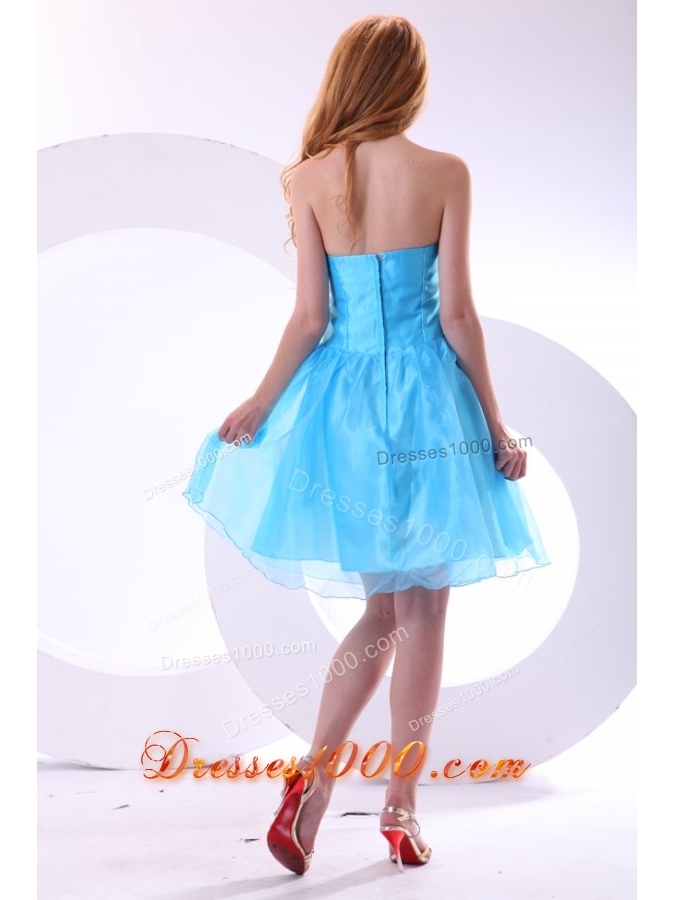 Aqua Blue Strapless Beading and Flowers Decorate Senior Prom Dress
