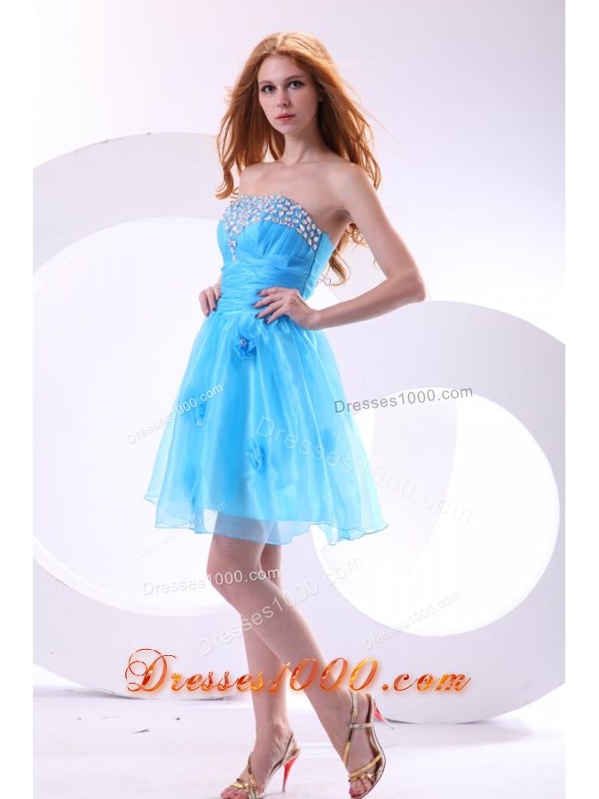 Aqua Blue Strapless Beading and Flowers Decorate Senior Prom Dress