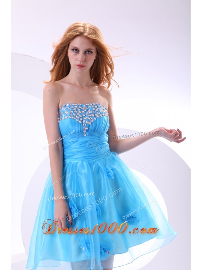 Aqua Blue Strapless Beading and Flowers Decorate Senior Prom Dress