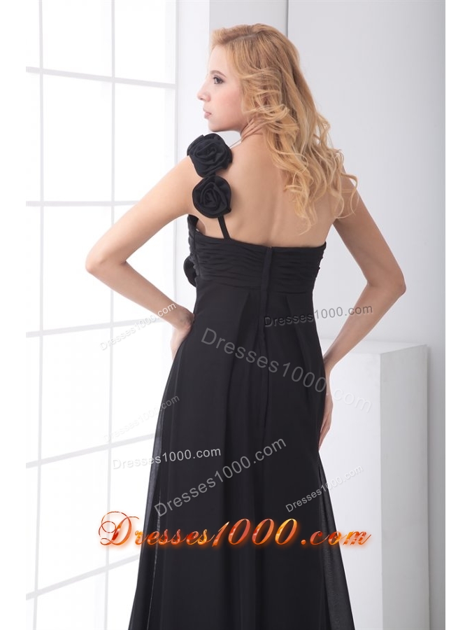 Black One Shoulder Floor Length Prom Evening Dress with Ruche