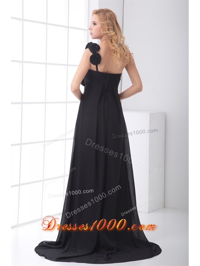 Black One Shoulder Floor Length Prom Evening Dress with Ruche
