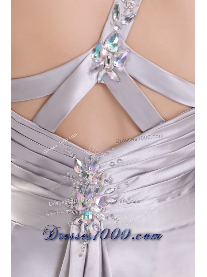 Watteau Train Silver Evening Dress with Ruches and Slit