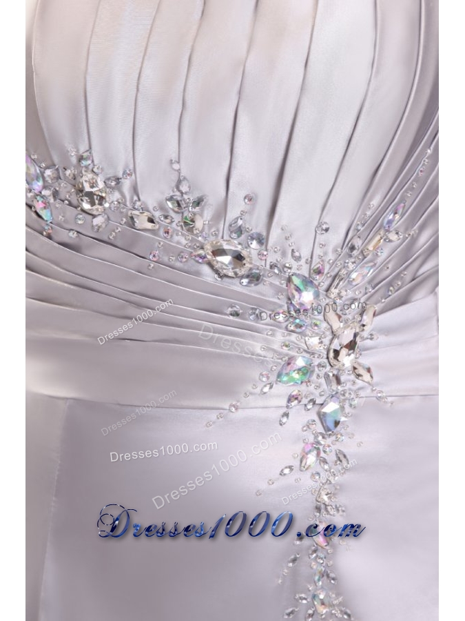 Watteau Train Silver Evening Dress with Ruches and Slit