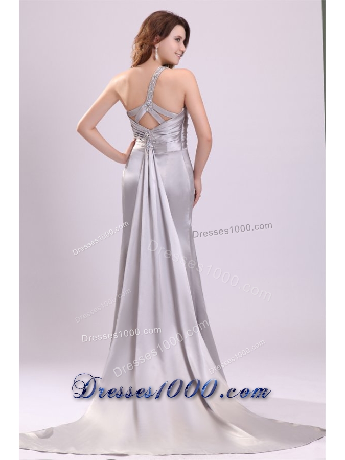 Watteau Train Silver Evening Dress with Ruches and Slit