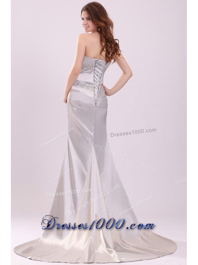 Column Beading and Ruching Prom Dress with Brush Train