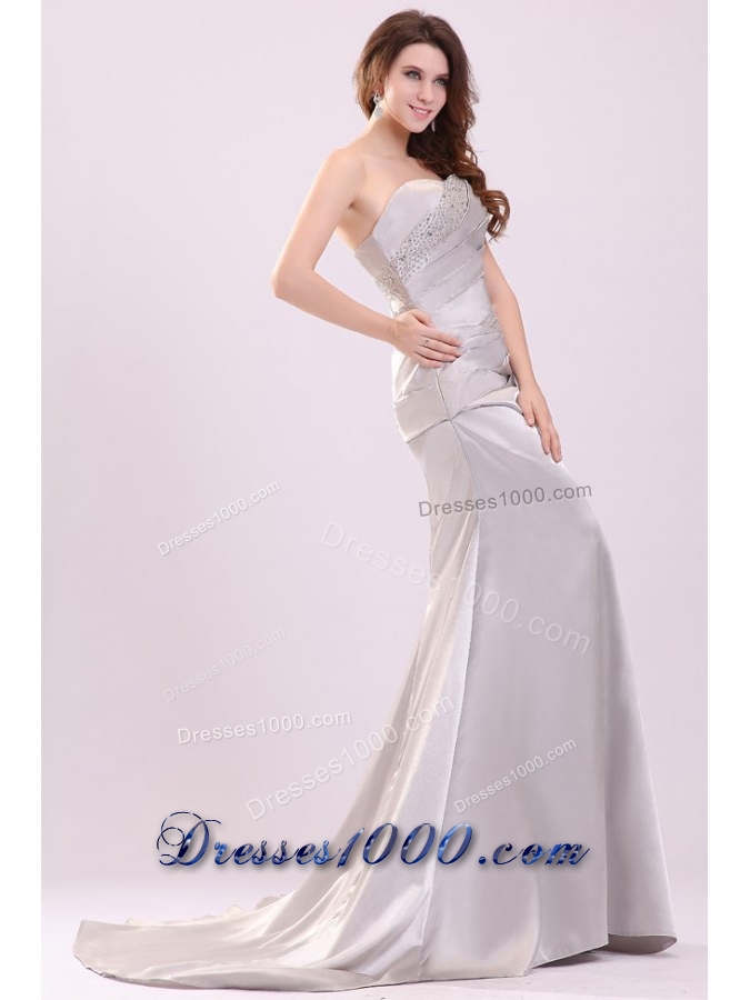 Column Beading and Ruching Prom Dress with Brush Train