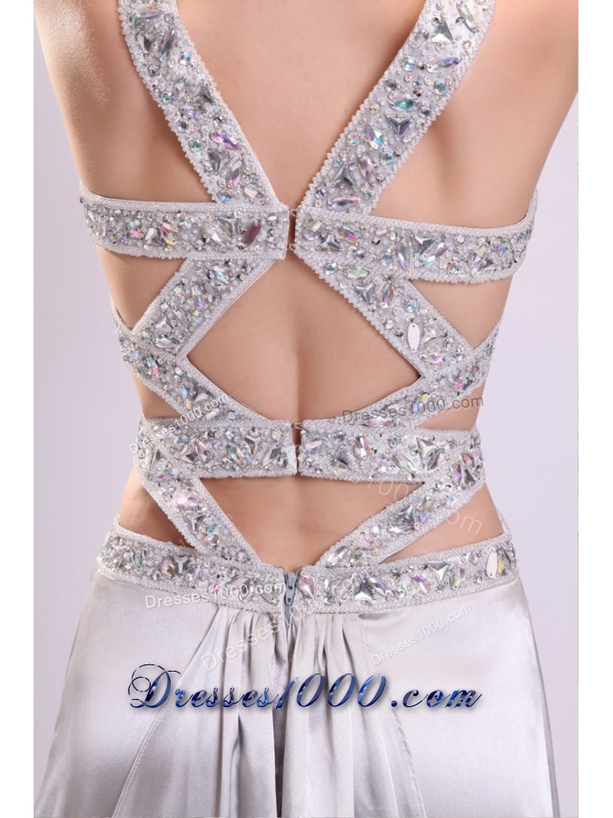 Sexy Silver Halter Evening Dress with Beading and Sexy Back