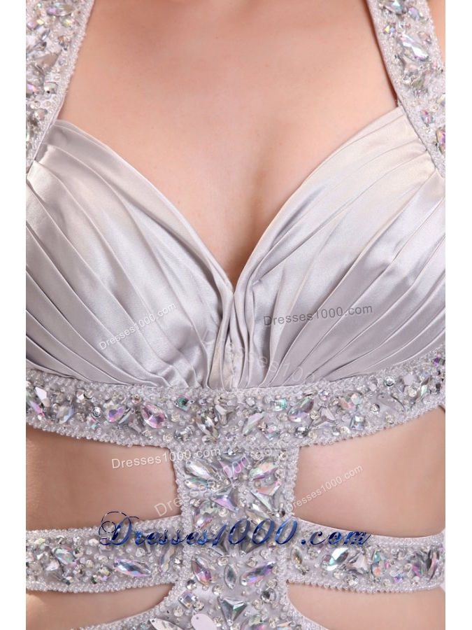 Sexy Silver Halter Evening Dress with Beading and Sexy Back