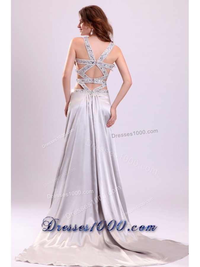 Sexy Silver Halter Evening Dress with Beading and Sexy Back
