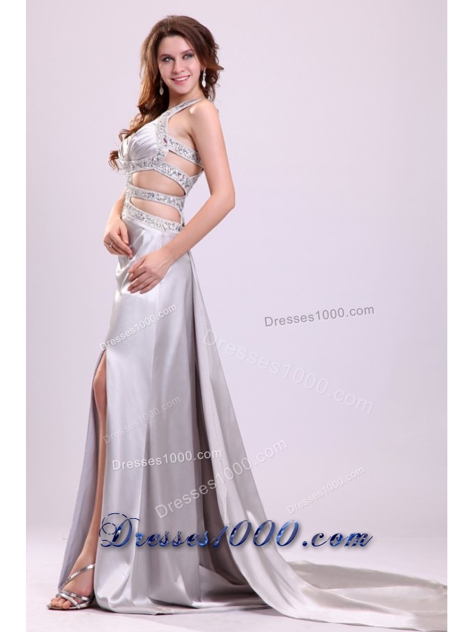 Sexy Silver Halter Evening Dress with Beading and Sexy Back