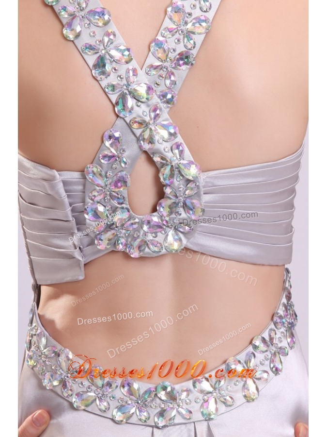 Silver Sweetheart Ruched Bodice Halter Prom Evening Dress with Slit