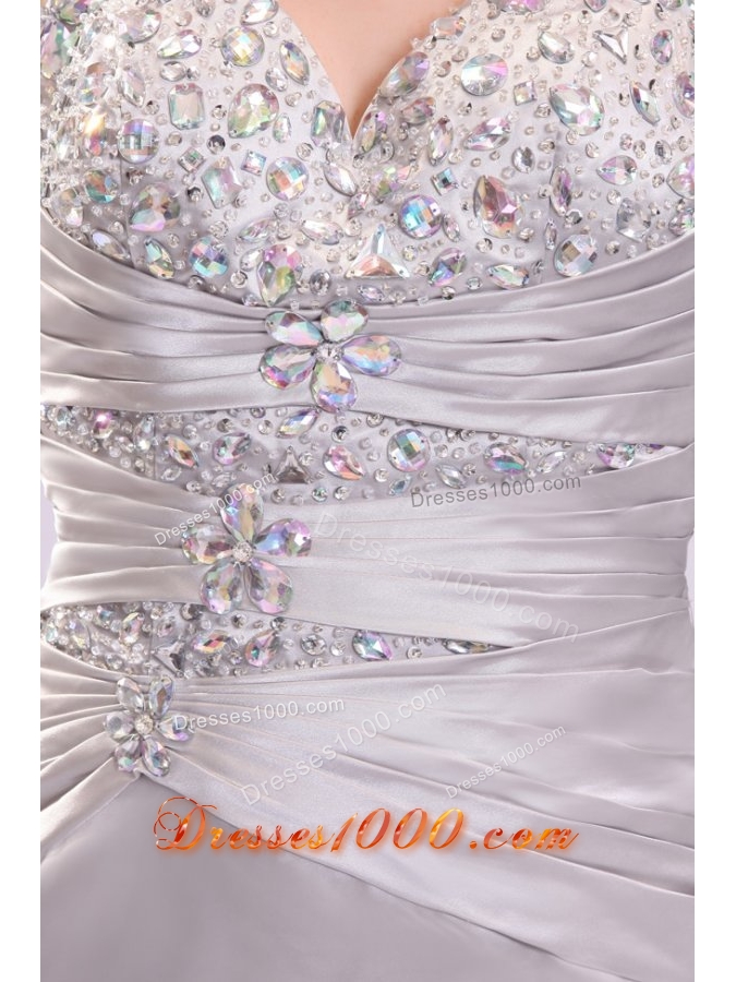 Silver Sweetheart Ruched Bodice Halter Prom Evening Dress with Slit