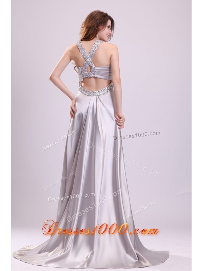 Silver Sweetheart Ruched Bodice Halter Prom Evening Dress with Slit