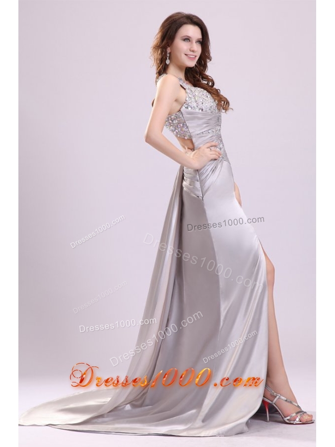 Silver Sweetheart Ruched Bodice Halter Prom Evening Dress with Slit