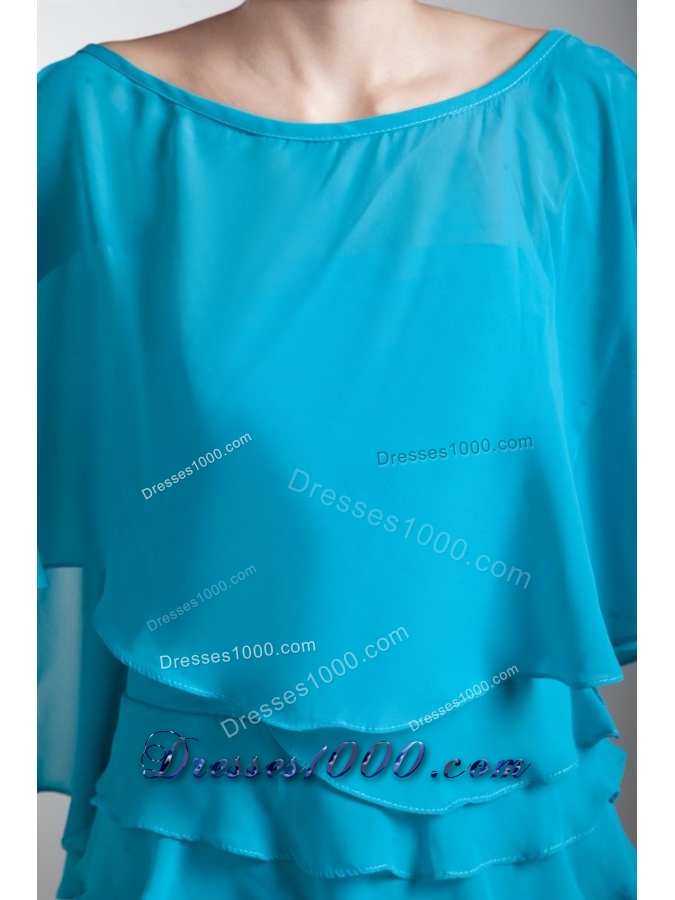 Blue Scoop Prom Mother Dress with Shawl and Layered Ruffles