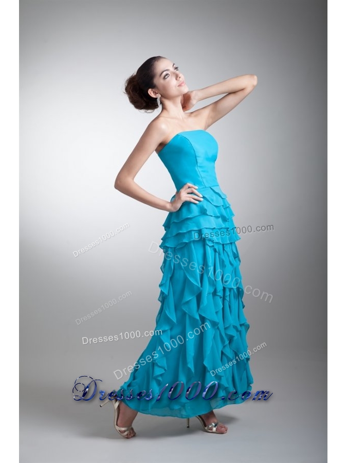 Blue Scoop Prom Mother Dress with Shawl and Layered Ruffles
