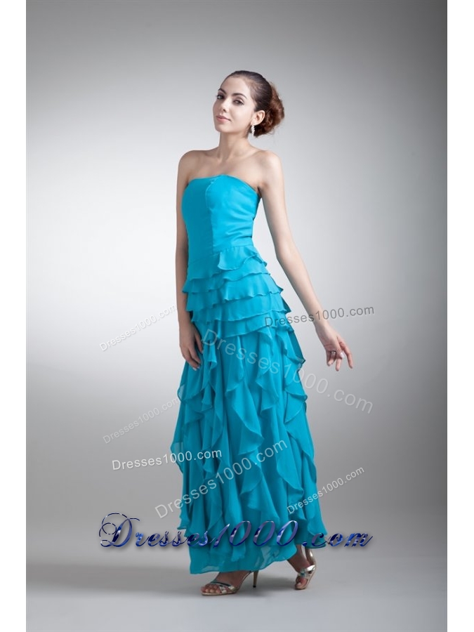 Blue Scoop Prom Mother Dress with Shawl and Layered Ruffles