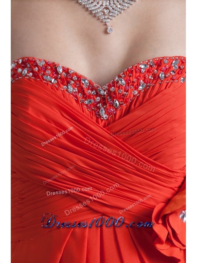 Bright Red Sweetheart Chiffon Prom Dress with Beading and Flower