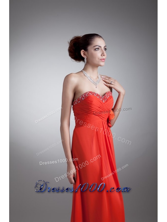 Bright Red Sweetheart Chiffon Prom Dress with Beading and Flower