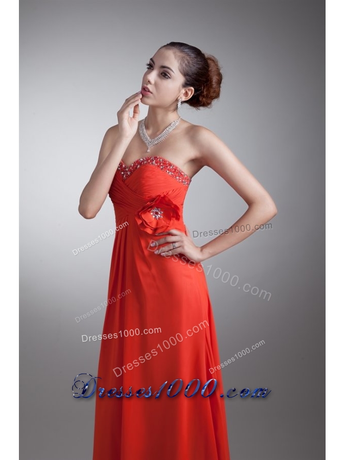 Bright Red Sweetheart Chiffon Prom Dress with Beading and Flower