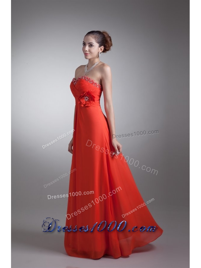 Bright Red Sweetheart Chiffon Prom Dress with Beading and Flower