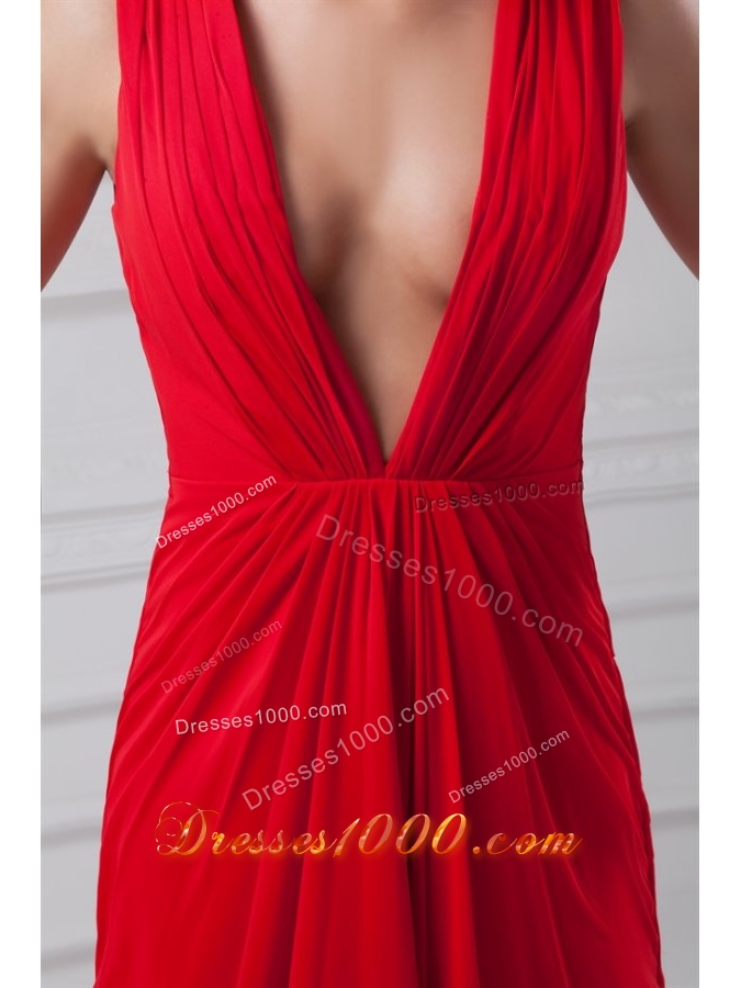 Sexy Red Deep V Neck Chiffon Prom Evening Dress with Straps