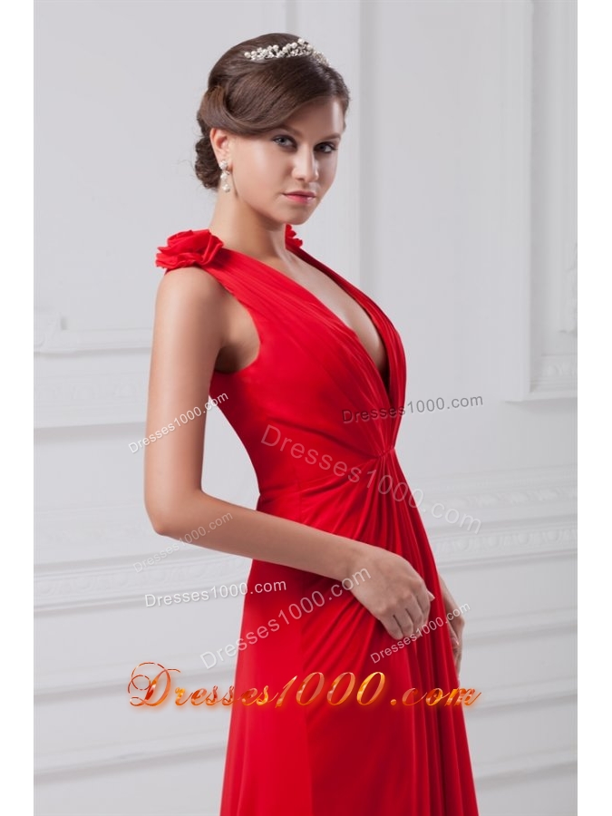 Sexy Red Deep V Neck Chiffon Prom Evening Dress with Straps