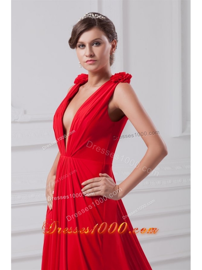Sexy Red Deep V Neck Chiffon Prom Evening Dress with Straps