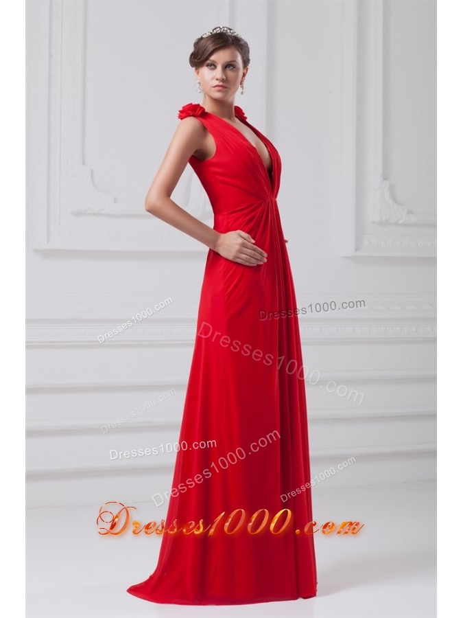 Sexy Red Deep V Neck Chiffon Prom Evening Dress with Straps