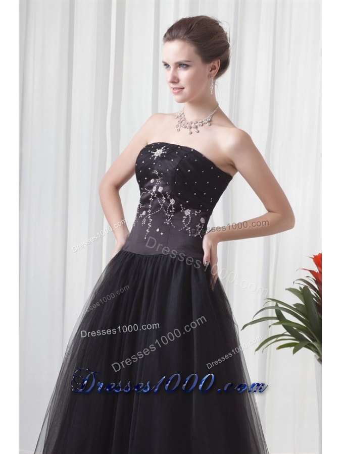 Black Strapless Princess Prom Gown Dress with Tulle Skirt