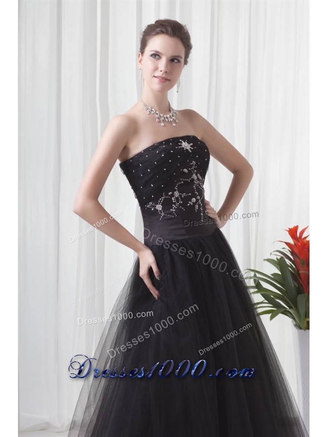 Black Strapless Princess Prom Gown Dress with Tulle Skirt