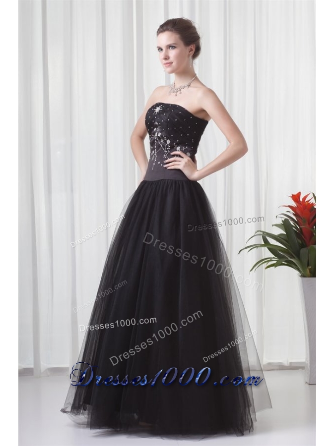 Black Strapless Princess Prom Gown Dress with Tulle Skirt