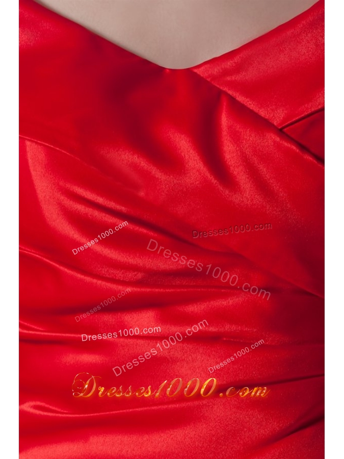 Bright Red V Neck Taffeta Half Sleeves Prom Dress with Ruches