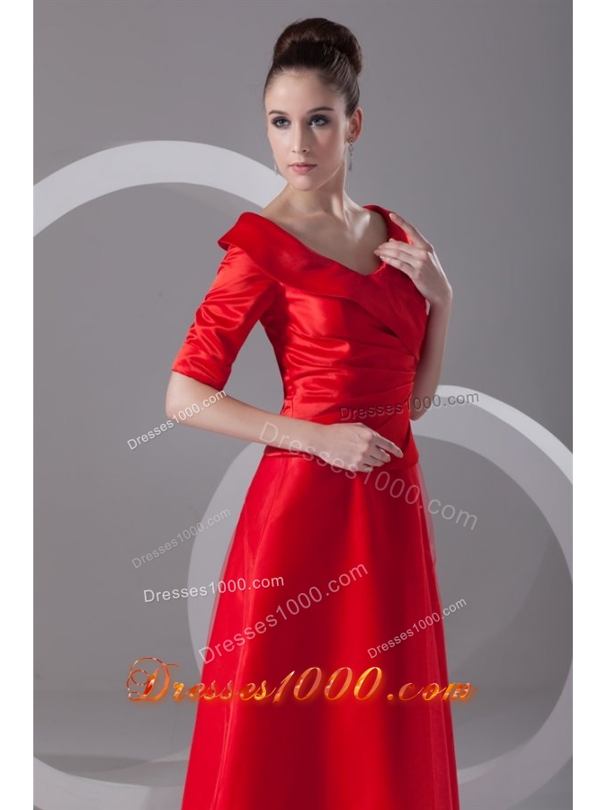 Bright Red V Neck Taffeta Half Sleeves Prom Dress with Ruches