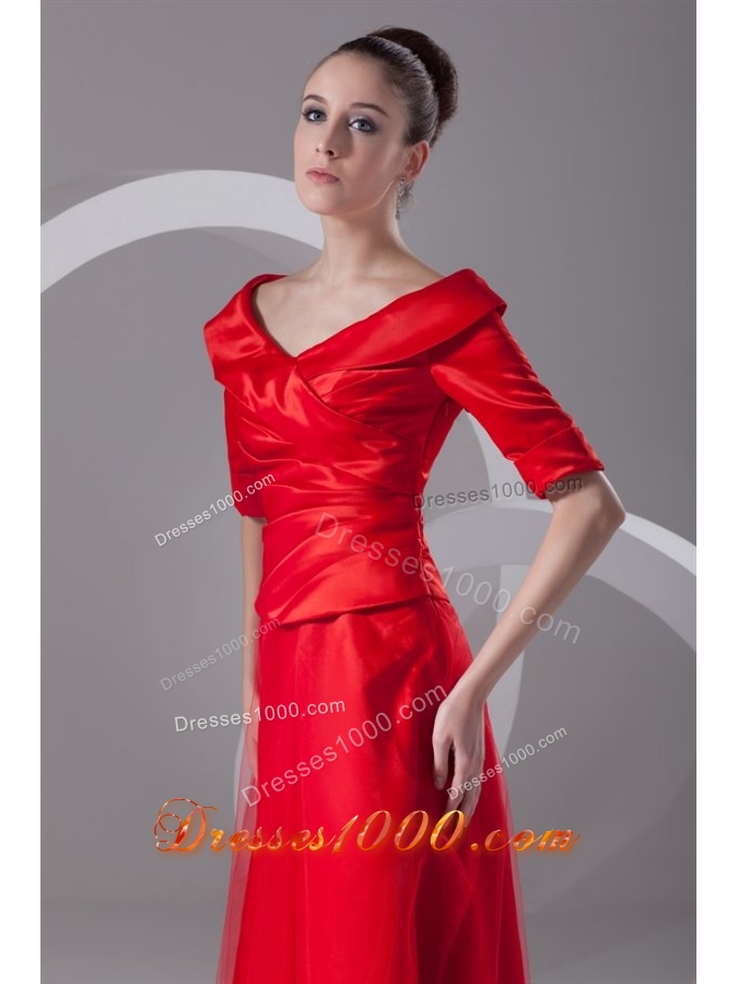 Bright Red V Neck Taffeta Half Sleeves Prom Dress with Ruches