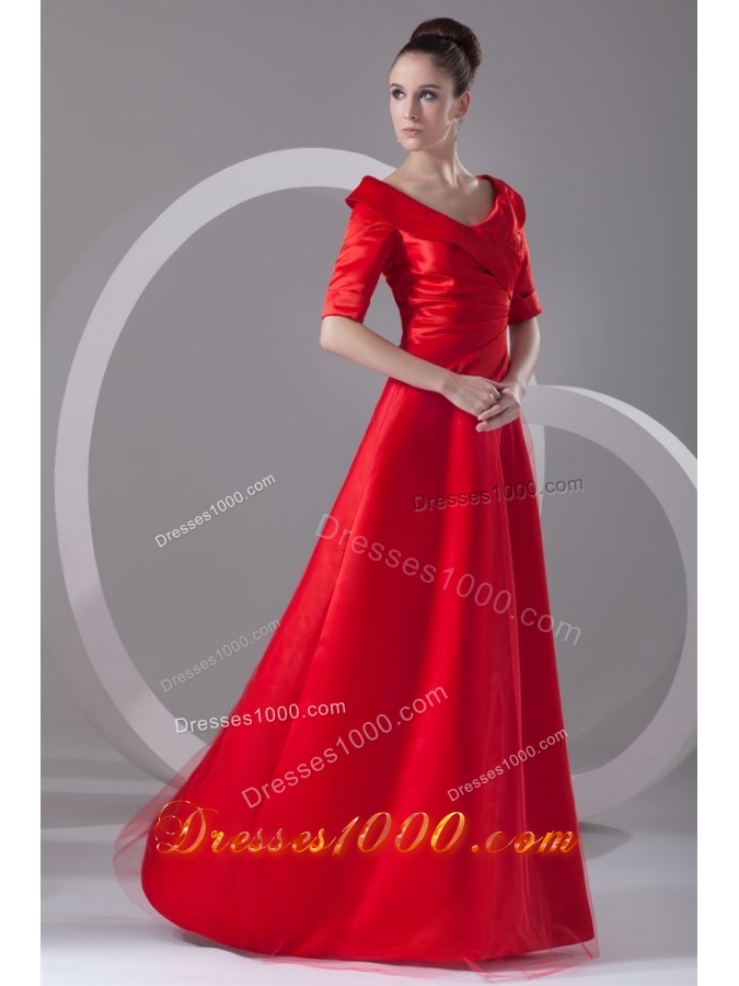 Bright Red V Neck Taffeta Half Sleeves Prom Dress with Ruches