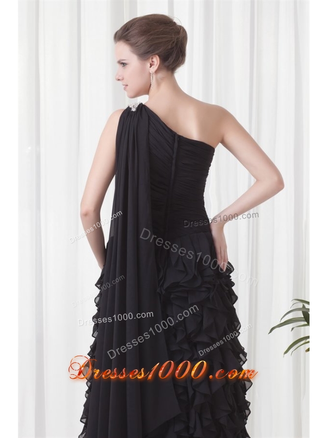Black One Shoulder Ruffled Prom Party Dress with Watteau Train
