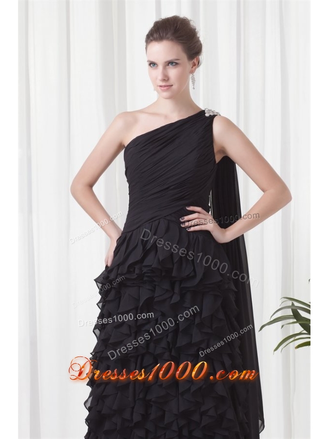 Black One Shoulder Ruffled Prom Party Dress with Watteau Train