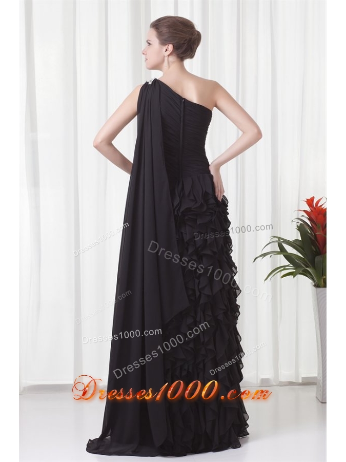 Black One Shoulder Ruffled Prom Party Dress with Watteau Train