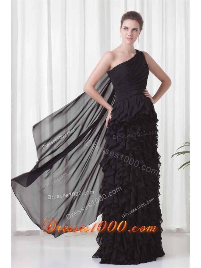Black One Shoulder Ruffled Prom Party Dress with Watteau Train